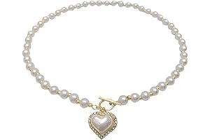 IMEGILO 6mm Baroque Pearl Necklace with 14K Gold Plated Heart Charm