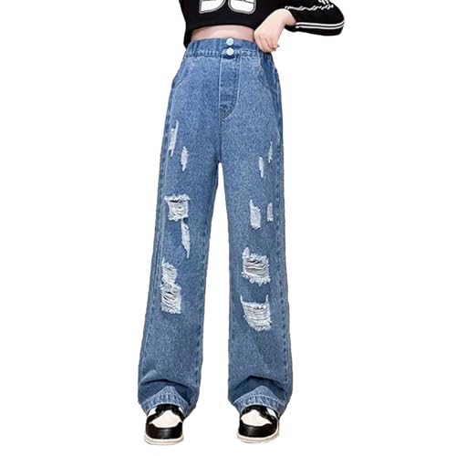 Girls' Wide Leg Ripped Jeans 2025 Trendy Washed Denim Pants with Pockets Elastic Waisted Loose Jeans for Youth Girls