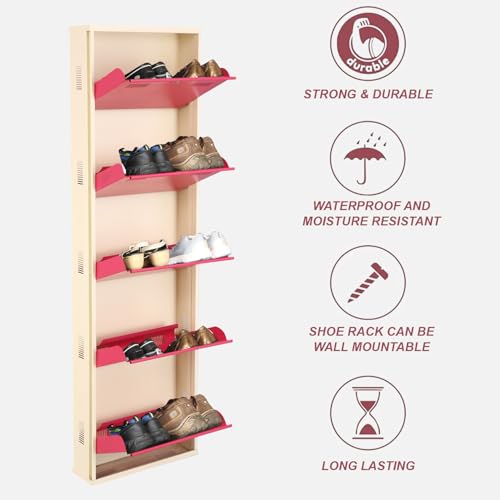 Image of Metal Shoe Rack Wall Mounted for Home with Central Locking 5 Door 20 inch Wall Mounted Metal 10 Pair Shoe Rack Cabinet Pre-Assembled Rack Shelves 3 Year Warranty (Pink & Ivory)