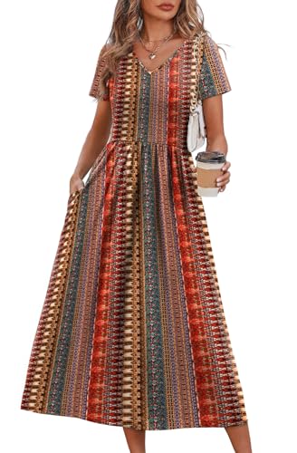 Image of OFEEFAN Summer Dresses for Women Flowy Casual A-Line Midi Dress Beach Vacation Sundresses with Pockets S-2XL