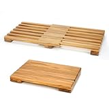 Teak Shower Mat - Adjustable Length Wooden Bathroom Mats for Inside Shower with Non-Slip Rubber Outdoor Floor Mat for Spa, Sauna, Pool (25.5" L×12" W)