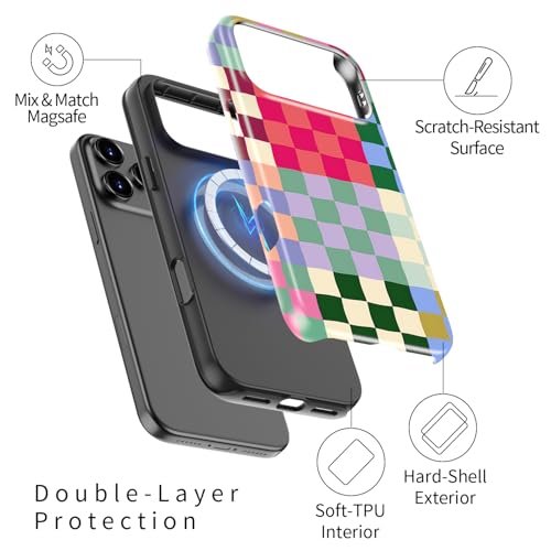 Image of Goodon for iPhone 17 Pro Case Cute - Wireless Charging Compatible - Dual-Layer Hard Shell + Silicone Cover - Protective Phone Case with Trendy Designs for Women - Patchwork Checkerboard