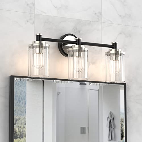 Image of Bathroom Lighting Fixtures Black and Brushed Nickel Bathroom Vanity Light with Cylindrical Clear Stripes Glass Lampshade E26 Socket Base Bathroom Lighting Fixtures Over Mirror (3 Lights)