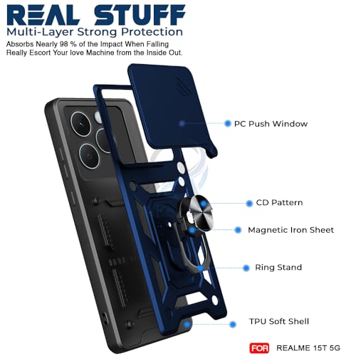 Image of AESTMO Tough Armor Realme 15T 5G Bumper Back Case Cover | Ring Holder & Sliding Camera Shield Cover | 360 Degree Protection Back Case Cover for Realme 15T 5G (Blue)