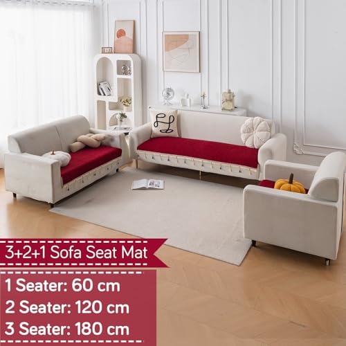 Image of HOKIPO 'Serenity Tassel' Chenille Sofa Cover 6 Seater Set with Tassels - Washable 3+2+1 Sofa Cover Mat | Crimson Ruby (IN-890 + IN-891 + IN-892 - MRN)