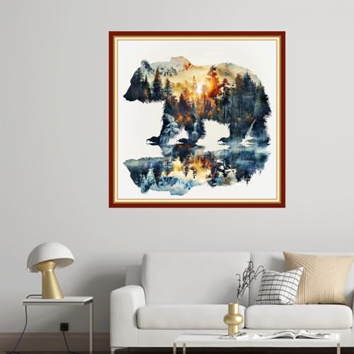 Image of Joyhoor Cross Stitch Kits for Beginners Stamped Cross-Stitch Supplies Needlework preprint Embroidery Kits for Adults DIY Needlepoint Kit Embroidery Patterns 11CT-Abstract Forest Bear 18x18 inch