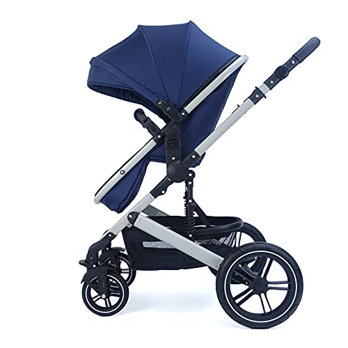 Pixini Neyla Kombi Kinderwagen mit Stoffwanne/Buggy/Wickeltasche/Getränkehalter/Regenplane/Mückennetz/Wickelauflage (3in1 Set mit Babyschale grau/marine)