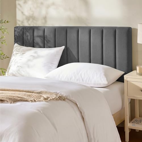 Hearth & Harbor Upholstered Queen Headboard - Easy Assemble Channel Stitched Headboard Queen Size - Wall Mounted Headboards with 3D Soundproof Wall Panels Peel & Stick Floating Headboards, Grey