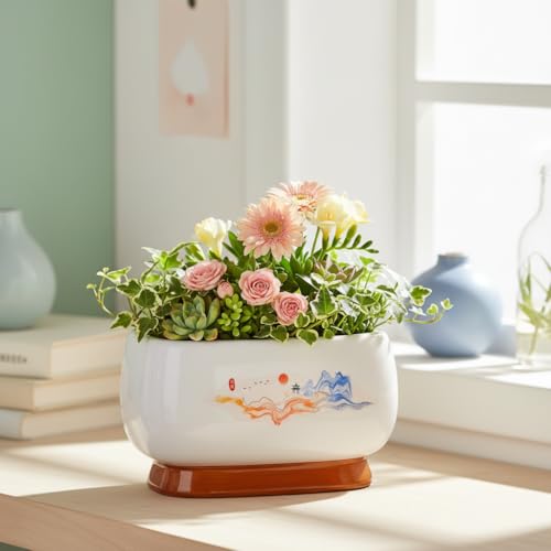 Image of Xtore Graceful Hand-Painted Ceramic Bonsai Planter Pot for Indoor & Tabletop Decor | Wide Round Bowl with Artistic Motif & Drainage Hole (Pack of 1, Planter Only)