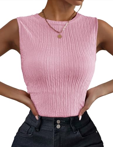 Zeagoo Ribbed Tank Top Slim Fit Sleeveless Crew Neck Solid Color Casual Summer Sleeveless Shirts,Light Pink,S-XXL