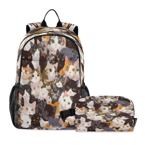 Sac d'école chat coloré kitty anti-mal de dos avec sac à lunch étanche pour enfants