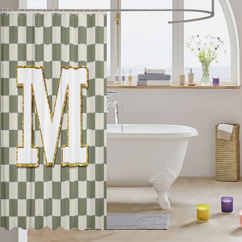 Image of Erosebridal Sage Green Checkered Bathroom Accessories Plaid Initial M Shower Curtain Personalized Monogram Bathroom Curtain for Kids Adults 72 inch Wx72 L Fashion Grids Gingham Shower Decor