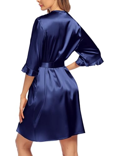 Image of Ekouaer Women's Satin Robe Valentines Lingerie for Women Kimono Bathrobe Short Ruffle Belted Robes Bridesmaids Sleepwear