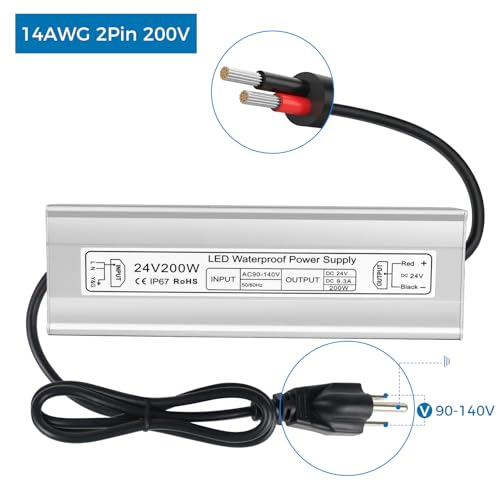 Image of LED Driver 200W 24V Power Supply, IP67 Waterproof Low Voltage Transformer, AC 90-140V to DC 24V 8.33A Converter with 3-Prong Plug 3.3 Feet Cable for Outdoor LED Lights, Industrial, Computer