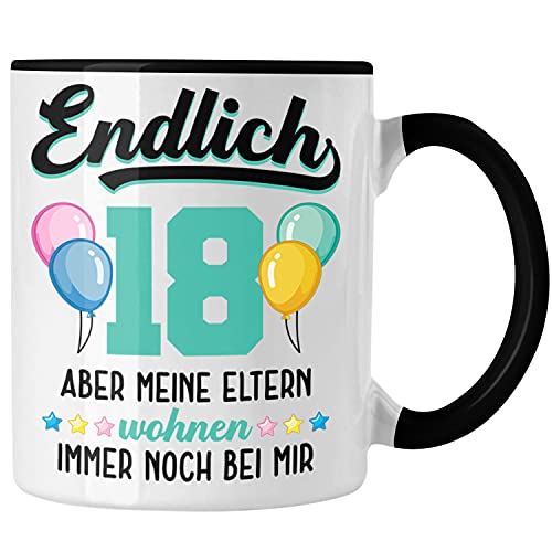 Trendation - 18. Geburtstag Tasse Geschenk Mädchen Jungen Geschenkidee Lustig Spruch 18 Geschenke Geschenkideen zum 18 Bday 18er Erwachsen (Schwarz) Cover