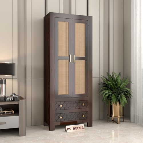 Image of PS DECOR Solid Sheesham Wood Book Shelf Cabinet with Cane Rattan Doors & 2 Drawers | Modern Wooden Bookshelf Storage Unit for Home Library, Living Room & Office (Walnut Finish)