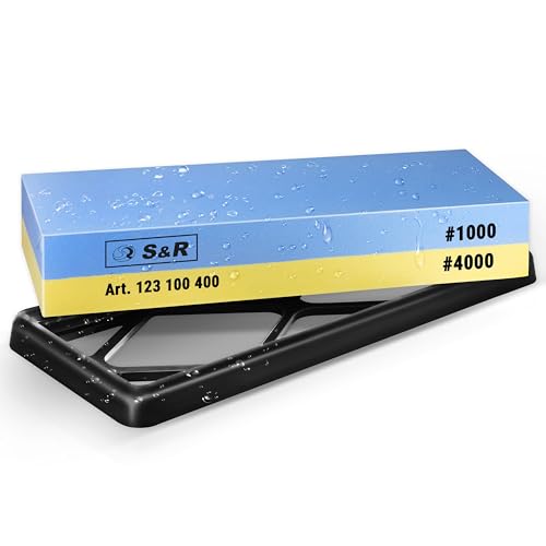 S&R Schleifstein Set – Messerschleifstein & Wetzstein für Messer – Doppelseitiger Sharpening Stone 1000/4000 & Schleifhilfe – Knife Sharpener Stone & Abziehstein zum Messer schärfen, Whetstone