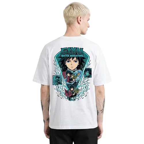 Image of Anime Printed T Shirt for Men | Demons Slayer Giyu Graphic Cotton Oversized Drop Shoulder | Black Round Neck Short Sleeve | Lightweight Casual Wear