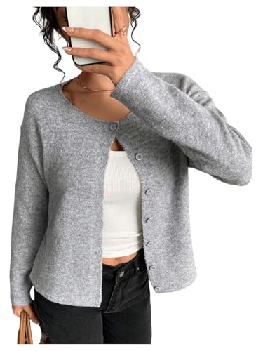 Women's Button Down Cardigan Crew Neck Long Sleeve Ribbed Knit Sweaters Trendy Fall Clothes