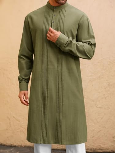 Runcati Mens Kaftan Robe Button Down Long Sleeve Cotton Linen Thobe Casual Muslim Gown Henley Shirt