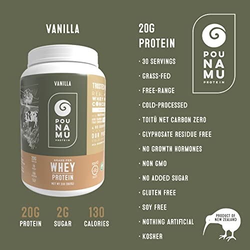 Pounamu Vanilla Whey Protein Concentrate Powder, 20G Protein, 2G Sugar, 130 Calories | New Zealand Free-Range, Grass-Fed Dairy | Gluten-Free, Keto, Kosher | 2Lb, 30 Servings #TOP7