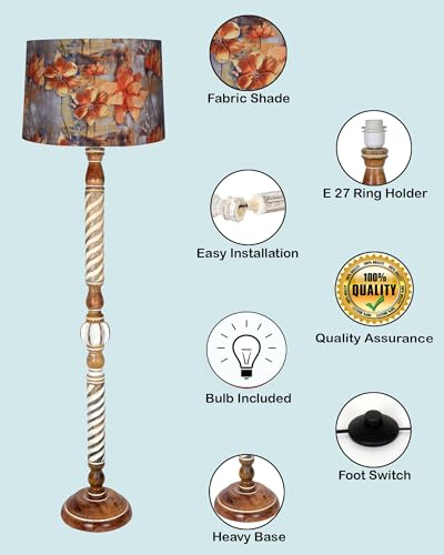 Image of Homesake Rustic Wood Floor Lamp for Living Room Walnut Brown with Multicolor Fabric Lamp Shade | Light Decoration for Home Corner Lamp for Living Room | Antique Floor Light, Twisted Ropes