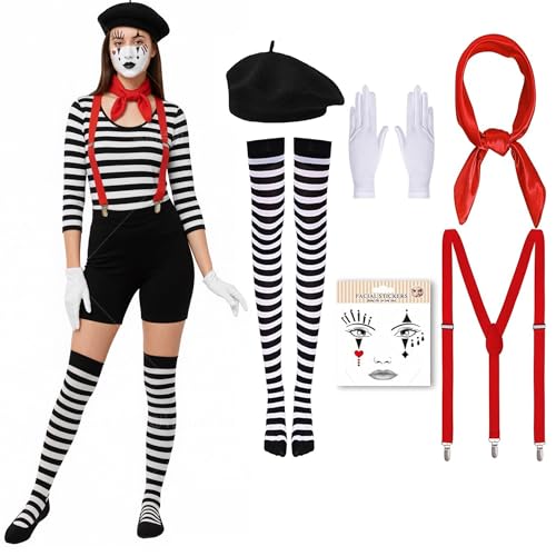 Jiahuade Disfarce pantomime para mulher e homem, boina preta, cachecol vermelho, meias às riscas brancas e pretas, luvas brancas, alças, tatuagem rosto, disfarce minimalista para festa de Halloween carnaval