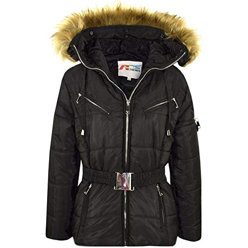 Kids Girls Jacket Puffer Hooded Faux Fur Padded Zipped Belted Slim Fit Warm Coat