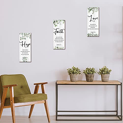 3 Pieces Faith Hope Love Wall Decor - Bible Verse Inspirational Art Hanging Plaque - Rustic Wooden Green Leaves Sign Scripture Quote for Home Bedroom Decoration