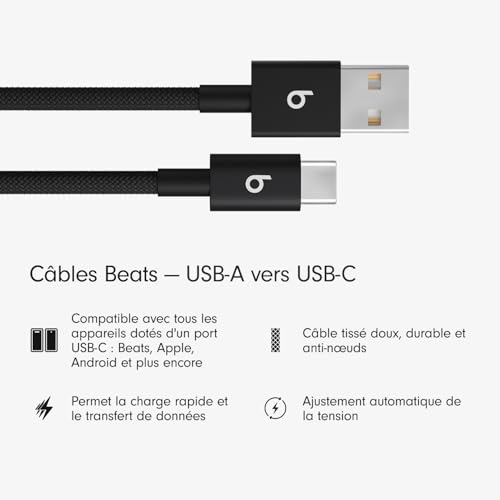 Beats USB-A vers USB-C Câble tissé , charge rapide, design durable et anti-nœuds, chargeur compatible pour les appareils Apple et Android (1,5 m) - Noir intense