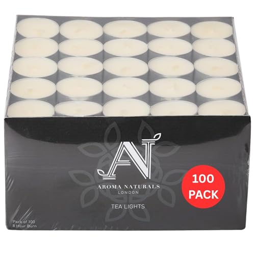 Aroma Naturals London Unscented Tealights 8 Hours Candles Pack of 100 | Long Burn Candlelight Everday Use | Size D3.72 x H2.5cm | White Wax & Aluminium Cups | Tea Lights Bag of (100) Christmas Candles