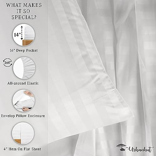 URBANHUT 800 Thread Count Egyptian Cotton Twin Size Damask Striped Sheets Set (4 Pc) - Ultra Soft & Smooth, Thick & Crisp Sateen Weave Twin Bedsheets, Fits Upto 16" Mattress - White