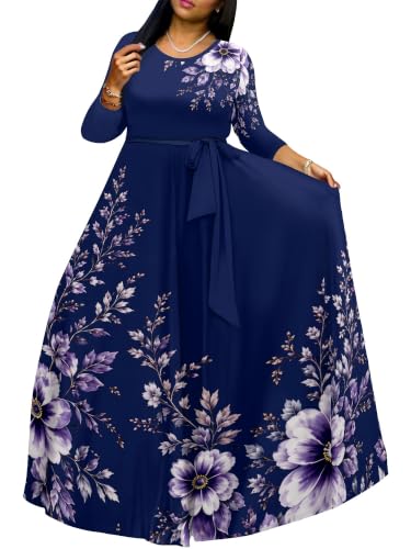 Image of Women Plus Size Long Sleeve V Neck Maxi Dress with Belt | Soft fabric relaxed fit three quarter sleeve v neck with pockets for party and daily wear
