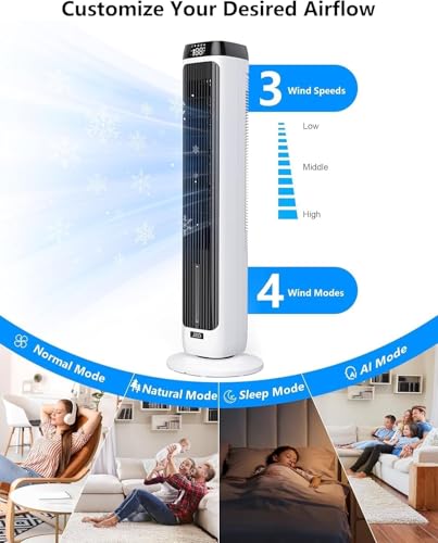 JRD 41\" Evaporative Cooler with 3 Speeds, 5 Modes, Remote, 80° Oscillation Swamp Cooler with 12H Timer, Bladeless Tower Fan Cooling Fan for Bedroom Office Home