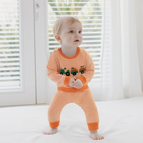 Toddler Baby Boy Halloween Outfit Pumpkin Ghost Embroidery Striped Sweatshirt Long Pants Set Fall Winter Clothes2