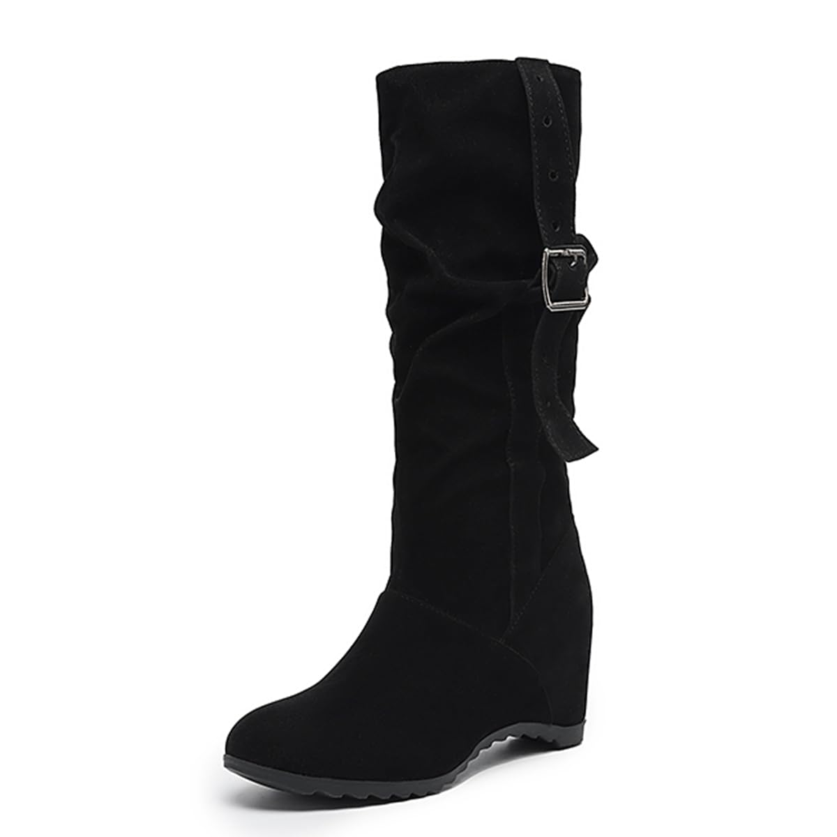 Womens Knee High Boots Winter Closed Round Toe Buckle Slouchy Wedge Heels Boots Pull On Dress Comfortable Mid