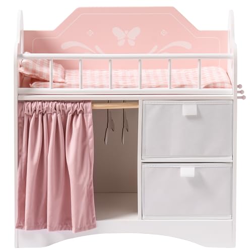 ROBUD Letto per bambole in legno, giocattolo per bambole, letto con armadio, biancheria da letto, spazio e ganci, letto...