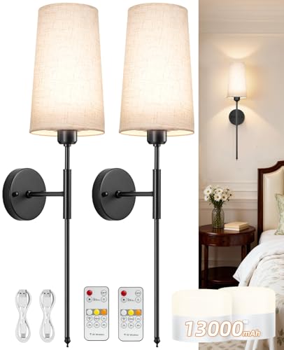 Image of Battery Operated Wall Sconce Set of 2, 13000mAh Rechargeable Battery Powered Sconces with Remote Dimmable Fabric Shade Wireless Sconces Fixture for Bedroom Living Room