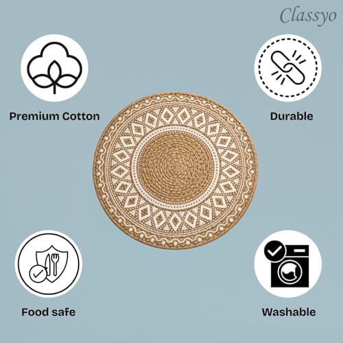 Image of Classyo Cotton Coasters for Dining Table, 10 inch (Brown Design, Pack of 2) | Round Placemats for Hot Pots, Plates and Pans | Dining Table Placemats | Dining Table Mat | Washable Round Table Mats