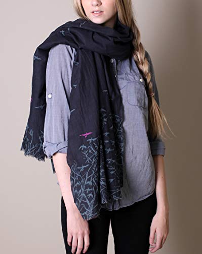 Anika Dali Women's Claire Birds Trees Print Cotton Silk Scarf, Midnight Blue, Lightweight, Elegant, Unique #TOP3