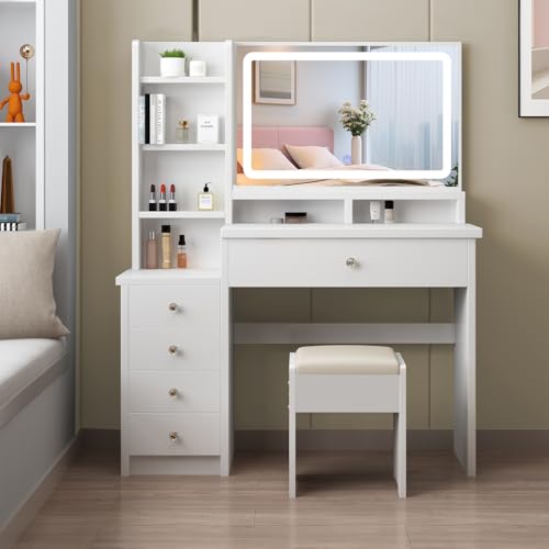 Zeaper Schminktisch mit LED Beleuchtung und Hocker Frisiertisch mit Großer Spiegel,Kosmetiktisch mit 6 Schubladen und 3 offene Ablagen, Make-up Tisch Modern für Schlafzimmer aus Holz, Weiß (Y-154)