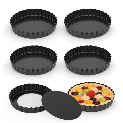 AZKEEGREY 6 Pack 12cm Mini Tart Tins with Removable Loose Bottom Mini Quiche Dishes Egg Tart Pan Carbon Steel Mini Cake Tins Non Stick Round Muffinform for Baking (Black)