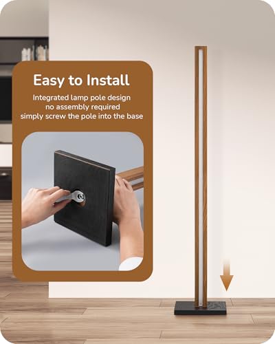 Image of EDISHINE 48.43 inch Wooden LED Corner Floor Lamp with Remote, Dimmable & 7CCT | 2700K-6000K, Foot Switch, Mid Century Modern Floor Lamp for Living Room, Bedroom, Office, Light Brown