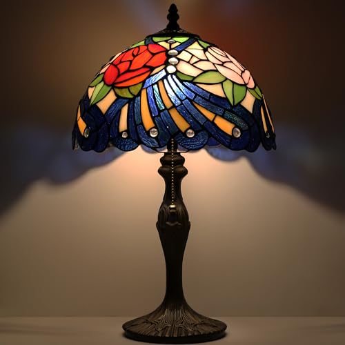 Image of Tiffany Table Lamp 19 inch Stained Glass Reading Lamp Red Rose Style