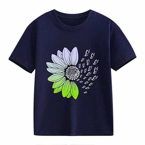 Girls Loose Fit Sunflower Graphic T Shirts Short Sleeve Crewneck Cute Pattern Printed Tops Kids (D-Dark Blue, 6-7 Years)2