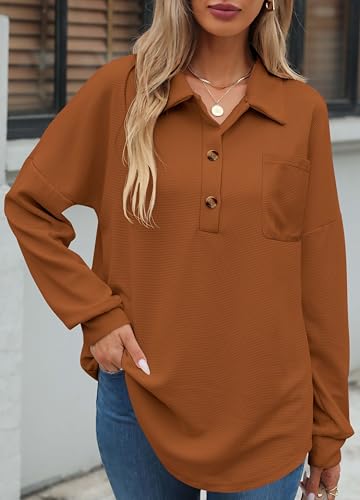 Image of ZAAYO Women Waffle Knit Tops Henley Shirts V Neck Long Sleeve Solid Color Casual Tunics Blouse