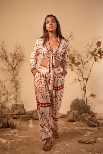 Image of REYYA Label Women's Cotton Bohemian Co-ord Set Casual V-Neck Full Sleeves Crop Top Printed Elasticated Straight Pant Set for Girls (Beige)