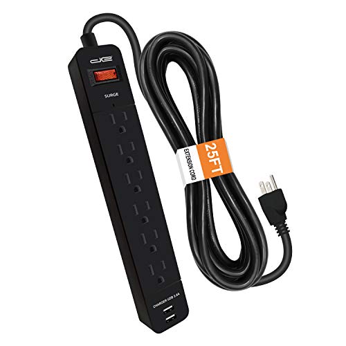 Digital Energy 6-Outlet + 2 USB 1050 Joule Surge Protector Power Strip with 25-Ft Long Extension Cord, Black, UL Listed