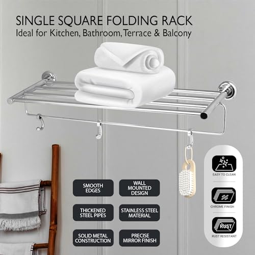 Image of Zureni Folding Towel Rack for Bathroom with Multipurpose Hooks Wall Mount Hanger Bar Shelf Accessories and Fittings Stand Home Washroom Kitchen (Pack of 1, Silver, Circular Rod)