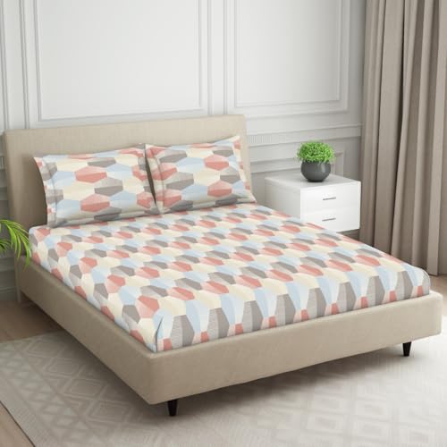 Image of Welspun Polycotton Double Bedsheets with 2 Pillow Covers Soft & Skin Safe Bed Sheets - Harmony | 120 Tc (Geometric-Faded Pink)